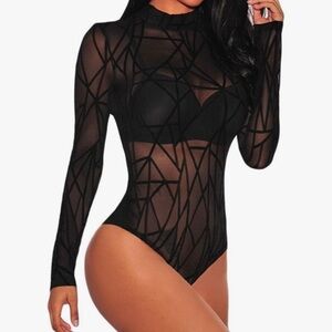 Jome Design Elegant Black Sheer Bodysuit with Geometric Design (884)